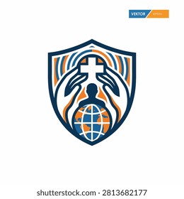 A vector graphic logo design depicting a shield enclosing human hands cradling a Christian cross above a stylized globe icon representing global faith and protection.