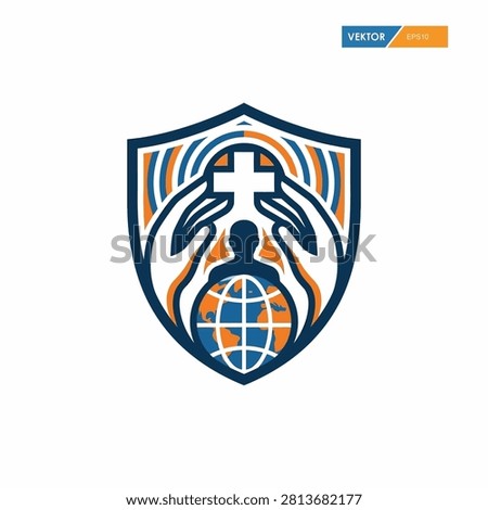 A vector graphic logo design depicting a shield enclosing human hands cradling a Christian cross above a stylized globe icon representing global faith and protection.