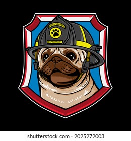 Vector graphic logo design of pug dog cartoon with vintage retro fire fighter style in black background. Good for icon, mascot, badge, emblem, banner, poster, flyer, social media post, shirt