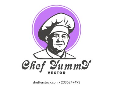 Vector graphic logo. Portrait of a kind cook with a lilac circle. Lettering Chef yummy. White isolated background.