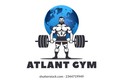 Vector graphic logo. Powerful strong bearded bodybuilder holds a heavy barbell. Planet earth and the inscription Atlant gym. White isolated background.