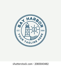 Vector graphic of logo restaurant harbor bay theme, with a classic line art style, emblem, circular, anchor, icon, lighthouse, wave, sun, symbol, premium quality