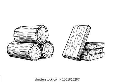 Vector graphic of logs and planks. Hand drawn wooden materials. 