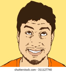 Vector graphic of Looking up happy Asian man close up portrait.