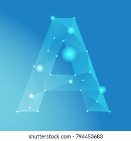 Vector graphic low poly alphabet, letter A on blue background.