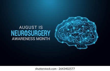 Gráfico vetorial do Mês de Consciência de Neurocirurgia de Baixo Poli em agosto. Tratamento de quadros cerebrais complexos, da coluna vertebral e dos nervos. Um conceito de saúde e medicina. Cartaz da faixa, desenho de fundo.