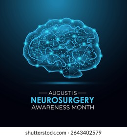 Gráfico vetorial do Mês de Consciência de Neurocirurgia de Baixo Poli em agosto. Tratamento de quadros cerebrais complexos, da coluna vertebral e dos nervos. Um conceito de saúde e medicina. Cartaz da faixa, desenho de fundo.