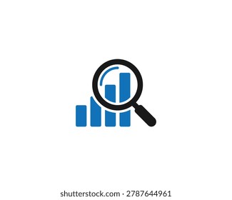 Vector graphic of magnifying glass over blue bar chart graph for business analysis and research