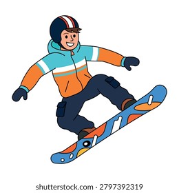 Vector graphic of a male athlete mid-jump on a snowboard. Dressed in winter sportswear, this illustration is perfect for extreme sports designs, winter lifestyle posters, and active recreation themes.