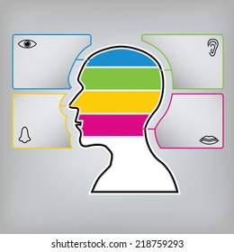 Vector graphic of male head with eye, nose, ear and mouth graphic icon. Conceptual graphic idea.