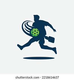 vector graphic of a male pickleball player silhouette and a dynamic moving ball for advertising, logo, banner, social media post, etc.