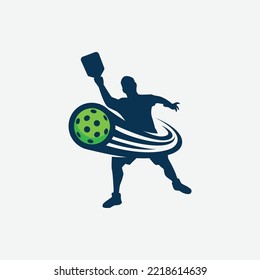 vector graphic of a male pickleball player silhouette and a dynamic moving ball for advertising, logo, banner, social media post, etc.