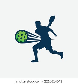 vector graphic of a male pickleball player silhouette and a dynamic moving ball for advertising, logo, banner, social media post, etc.