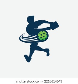 vector graphic of a male pickleball player silhouette and a dynamic moving ball for advertising, logo, banner, social media post, etc.