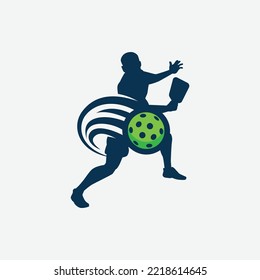 vector graphic of a male pickleball player silhouette and a dynamic moving ball for advertising, logo, banner, social media post, etc.