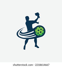 vector graphic of a male pickleball player silhouette and a dynamic moving ball for advertising, logo, banner, social media post, etc.