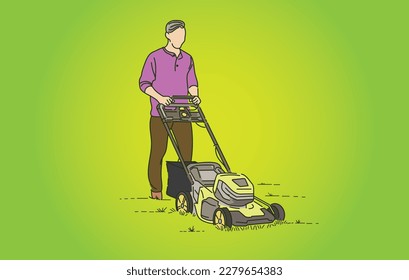 Vector graphic of man cutting grass with a push mower