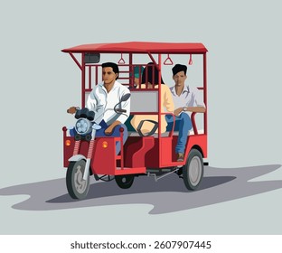 A vector graphic of a man driving Electronic Rickshaw carrying passengers. Battery vehicle