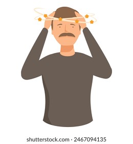 Vector graphic of a man holding his head, showing stars spinning around to indicate dizziness or vertigo