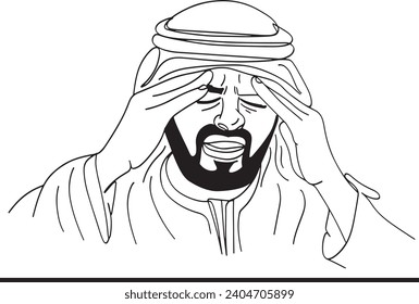 Vector graphic of man showing signs of migraine in a sketch, Muslim man and Arab person having headaches in cartoon