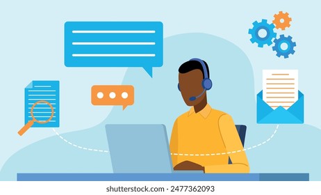 Vector graphic of a man working at a desk on a laptop. Next to him are icons: conversation bubbles, document, email, and gears. Flat style graphics.