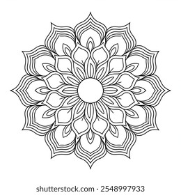 A vector graphic of a mandala with a lotus flower pattern, consisting of multiple layers. The mandala is black and white 