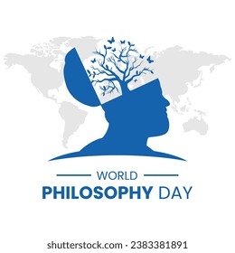 Vector graphic of a man's head filled with tree and butterflies suitable for world philosophy day