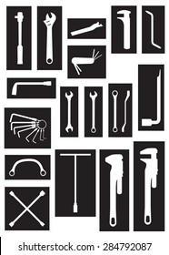 
vector graphic of many types of wrench/wrench and brush white and black