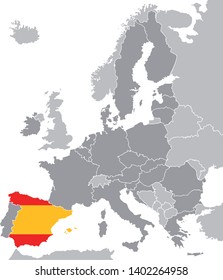 Vector graphic map of Europe with European Union member states with Spain marked with flag