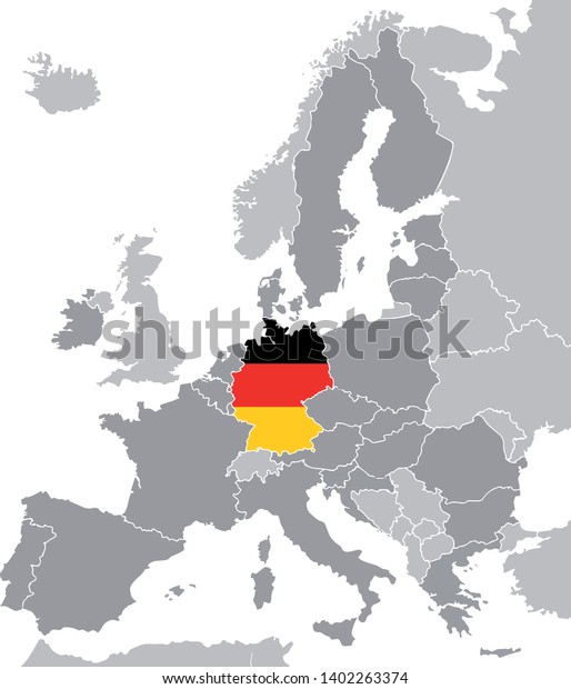 Vector graphic map of Europe\
with European Union member states with Germany marked with\
flag