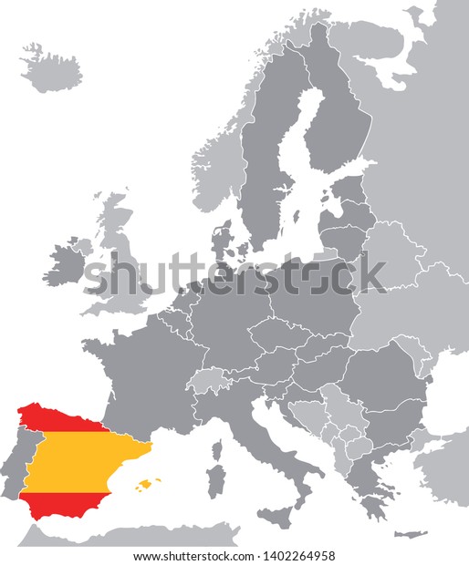Vector graphic map of Europe with\
European Union member states with Spain marked with\
flag