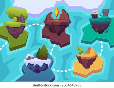 Vector graphic map with islands with different routes, trees, deserts, snow-covered terrain and lava on the background of sea waves. Ideal locations for games