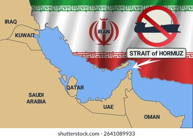 Vector graphic map of Western Asia. Strait of Hormuz and prohibitory sign. Ban on movement of oil tankers. Iranian ban. Islamic Republic of Iran