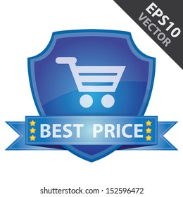 Vector : Graphic For Marketing Campaign, Present By Blue Glossy Style Shield Icon With Best Price Label and Shopping Cart Sign Isolated on White Background 