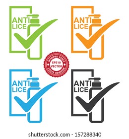 Vector : Graphic for Marketing Campaign, Product Information or Product Ingredient Concept Present By Colorful Anti Lice Shampoo Bottle Sign With Check Mark Isolated on White Background 