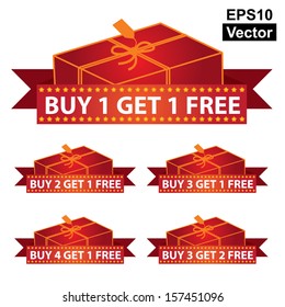 Vector : Graphic For Marketing Campaign or Special Promotion Present By Red Glossy Style Buy 1 Get 1 Free Ribbon With Gift Box Sign Isolated on White Background 
