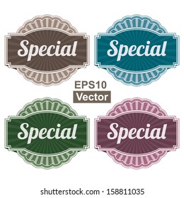 Vector : Graphic or Marketing Materials For Marketing Campaign, Promotion or Sale Event Present By Colorful Vintage Style Special Icon or Badge Isolated on White Background 