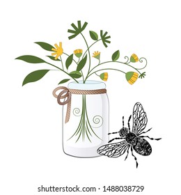 Frasco de albañil vectorial con flores silvestres y una hermosa abeja artesanal