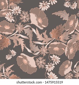 Vector graphic meadow flowers on gray background. Seamless pattern for fabric and wallpaper.