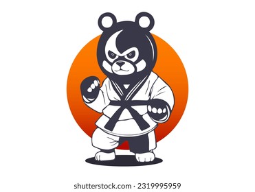 Vector graphic menacing and funny karate bear in a white kimono and fighting stance against the backdrop of the sun. Isolated white background.