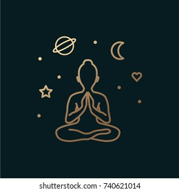Vector graphic, minimal symbol / Peaceful yoga pose with celestial ornaments