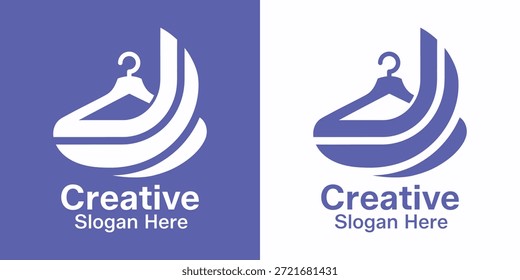 Gráfico de Vector de una percha de ropa minimalista con un logotipo de línea swoosh que representa el servicio de lavandería, boutique de moda, tintorería y marca de tienda de ropa