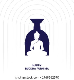 Vector Graphic Minimalist Conceptual Illustration art of Philosopher, Religious guru, Lord Siddharth Gautam Buddha; creative visual with Silhouette of Stupa in Cave Chaitya [shrine, sanctuary, temple]