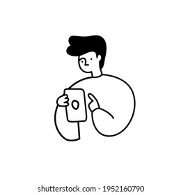Gráfico vectorial simple ilustración minimalista de un hombre con un smartphone en sus manos