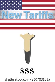 Vector graphic with missile and US flag of USA tariff war against the whole world decided by the government of the United States of America. Illustration made April 3rd, 2025, Zurich, Switzerland.
