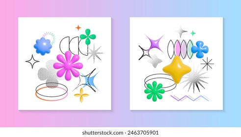 Fondo de medios mixtos gráficos de Vector con objetos 3d en negrita, Formas de píxeles, Elementos lineales. Ilustración abstracta de estilo de los años 90 de 8 bits. Elementos de diseño de moda para estampados, volantes, Anuncios, folletos, branding.