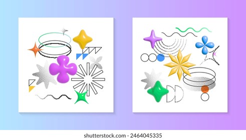 Vector graphic mixed media backgrounds with bold 3d objects,pixel shapes,linear elements.8bit abstract 90s style illustrations. Trendy design elements for prints,flyers,banners,brochures,branding.