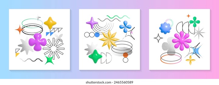 Vector graphic mixed media backgrounds with bold 3d objects,pixel shapes,linear elements.8bit abstract 90s style illustrations. Trendy design elements for prints,flyers,banners,brochures,branding.