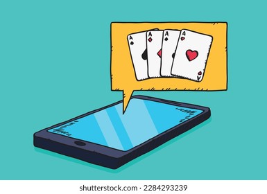 Vector graphic of a mobile phone with a set of cards. Hand drawn illustration.