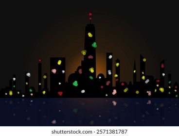 Vector graphic of modern skyline of city at night with bokeh lights and reflections in river. Illustration January 14th, 2025, Zurich, Switzerland.